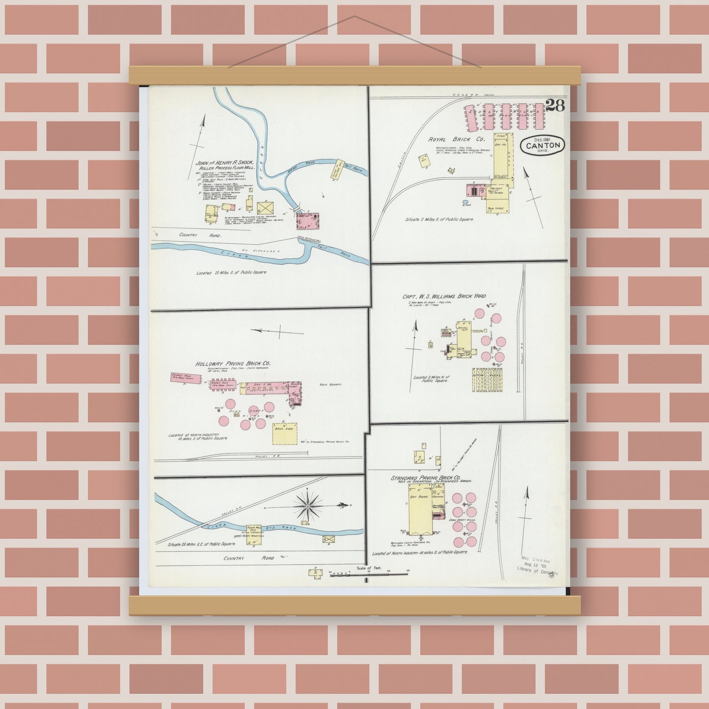 Old map wall art mockup — magnetic wood frame on brick wall — Sanborn Fire Insurance Map from Canton, Stark County, Ohio (1891), Sheet #0028