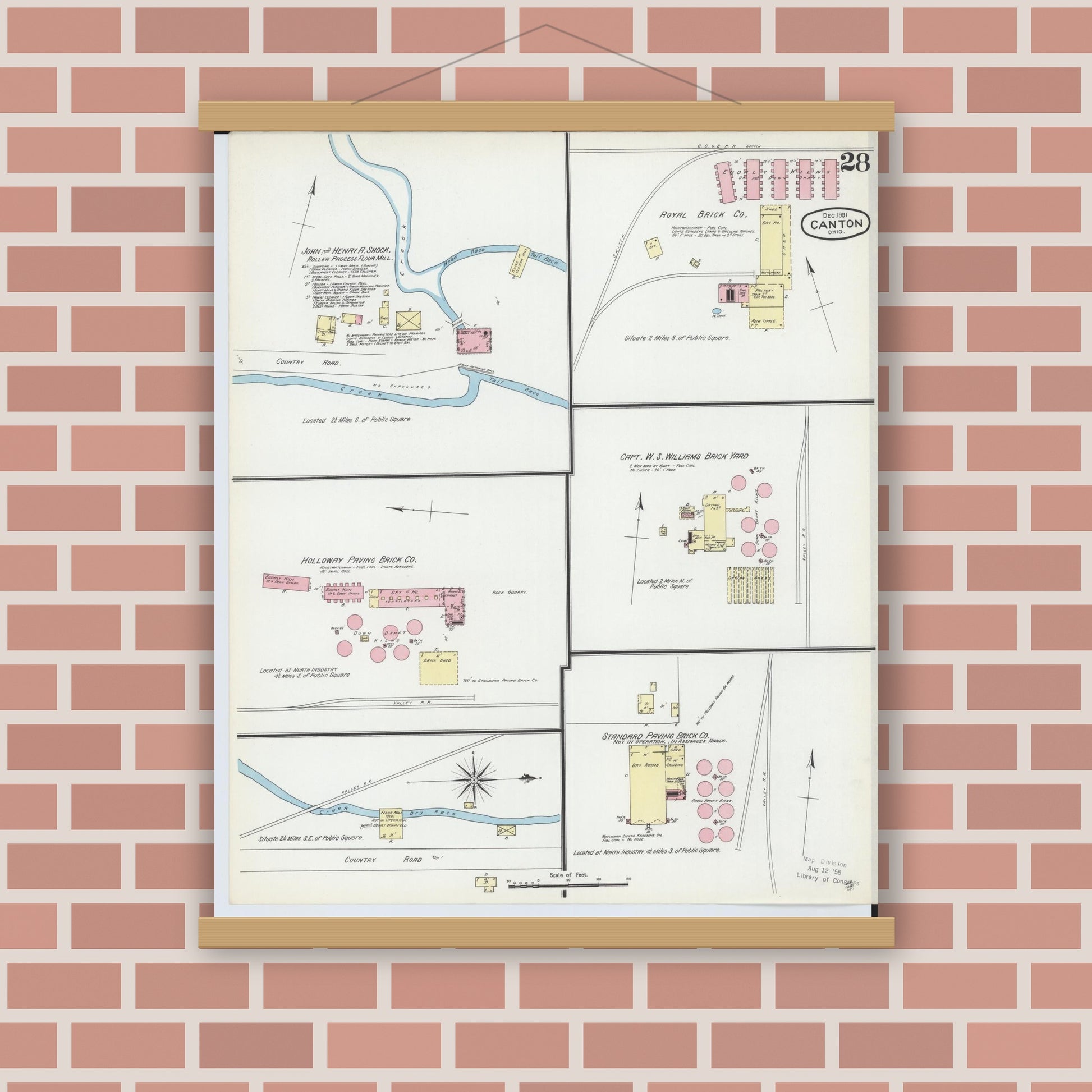Old map wall art mockup — magnetic wood frame on brick wall — Sanborn Fire Insurance Map from Canton, Stark County, Ohio (1891), Sheet #0028