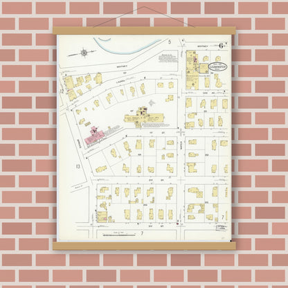 Old map wall art mockup — magnetic wood frame on brick wall — Sanborn Fire Insurance Map from Leominster, Worcester County, Massachusetts (1912), Sheet #0006