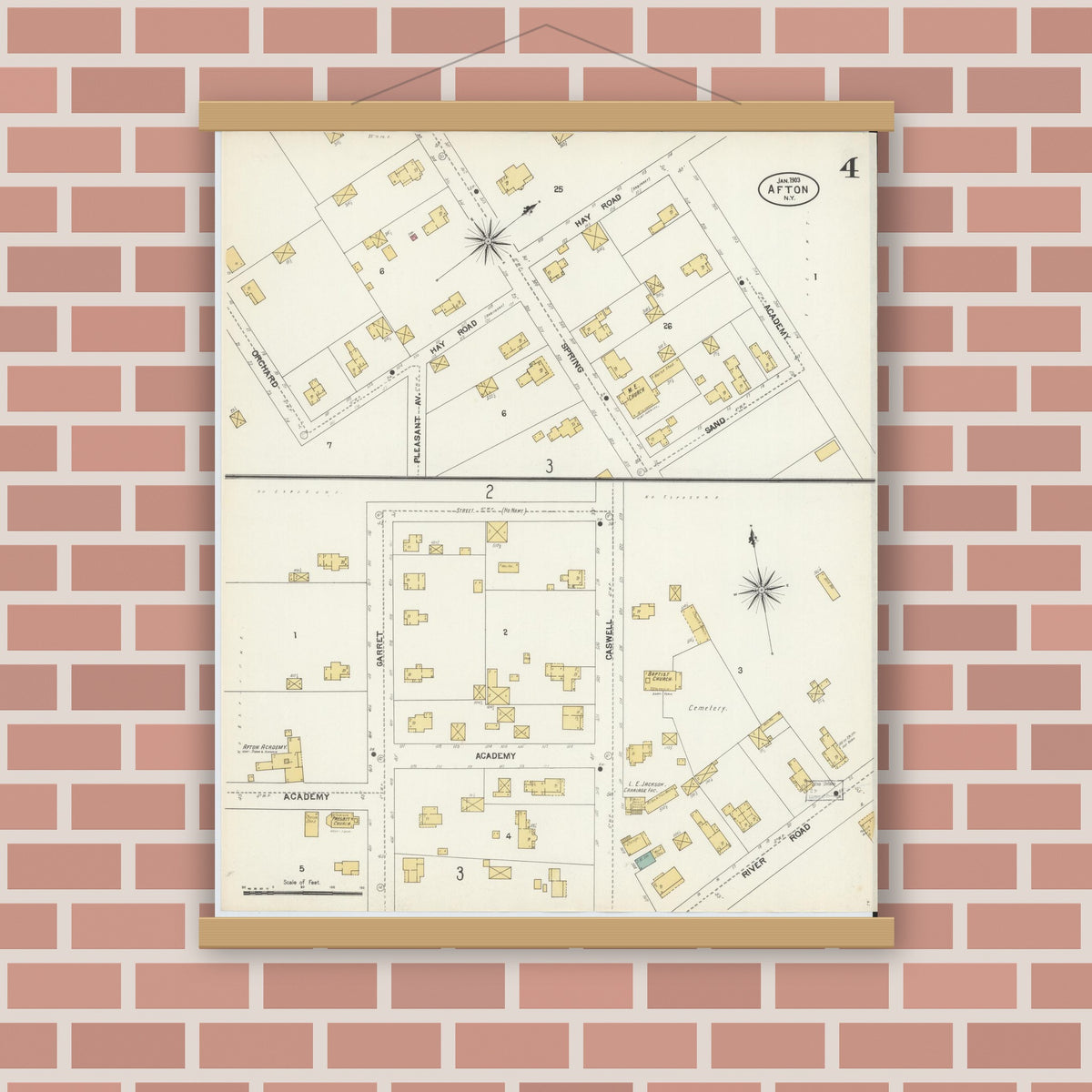 Old map wall art mockup — magnetic wood frame on brick wall — Sanborn Fire Insurance Map from Afton, Chenango County, New York (1903), Sheet #0004