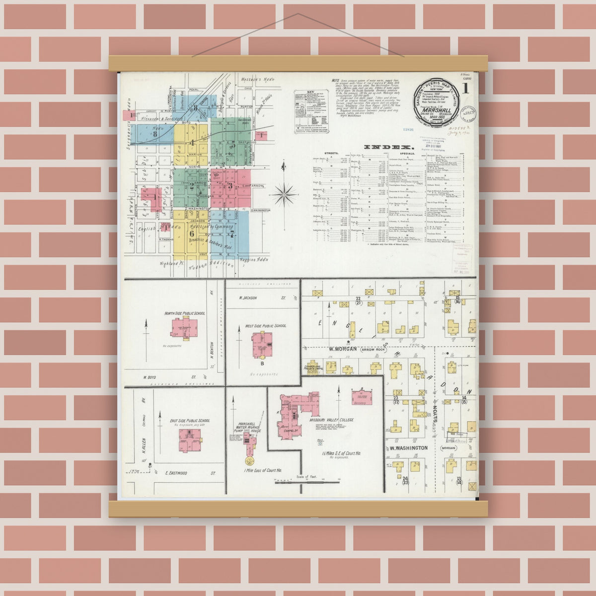 Old map wall art mockup — magnetic wood frame on brick wall — Sanborn Fire Insurance Map from Marshall, Saline County, Missouri (1900), Sheet #0001