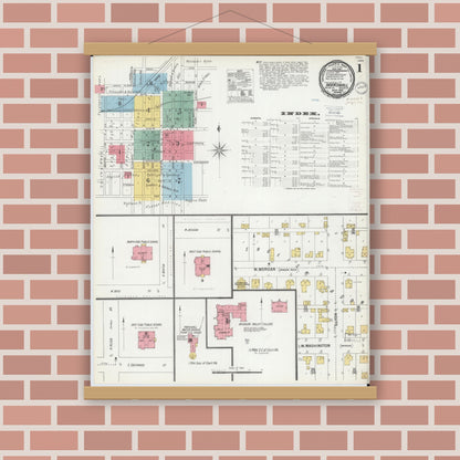 Old map wall art mockup — magnetic wood frame on brick wall — Sanborn Fire Insurance Map from Marshall, Saline County, Missouri (1900), Sheet #0001
