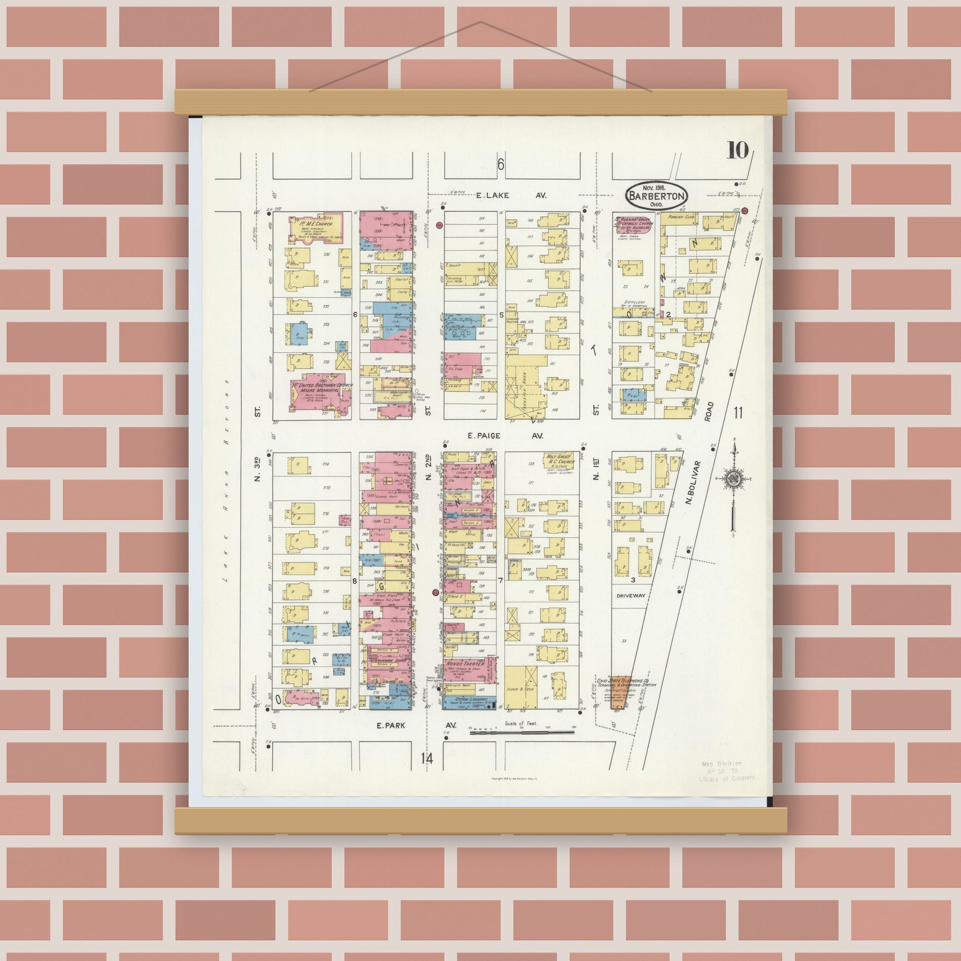 Old map wall art mockup — magnetic wood frame on brick wall — Sanborn Fire Insurance Map from Barberton, Summit County, Ohio (1916), Sheet #0010