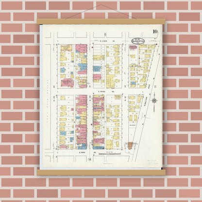 Old map wall art mockup — magnetic wood frame on brick wall — Sanborn Fire Insurance Map from Barberton, Summit County, Ohio (1916), Sheet #0010