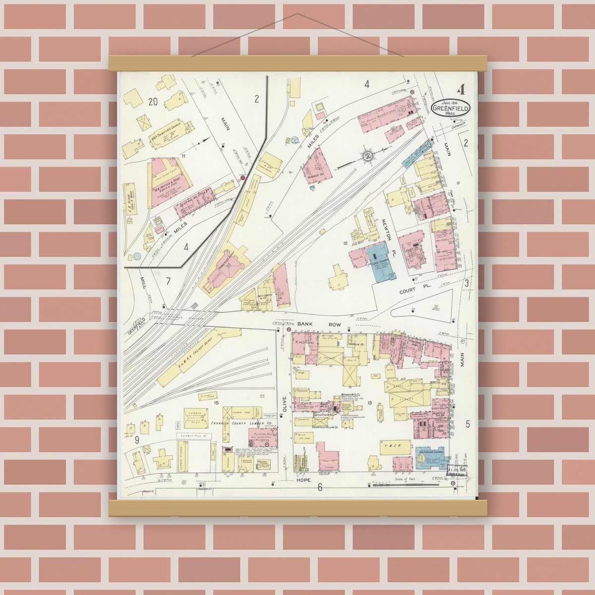Old map wall art mockup — magnetic wood frame on brick wall — Sanborn Fire Insurance Map from Greenfield, Franklin County, Massachusetts (1914), Sheet #0004