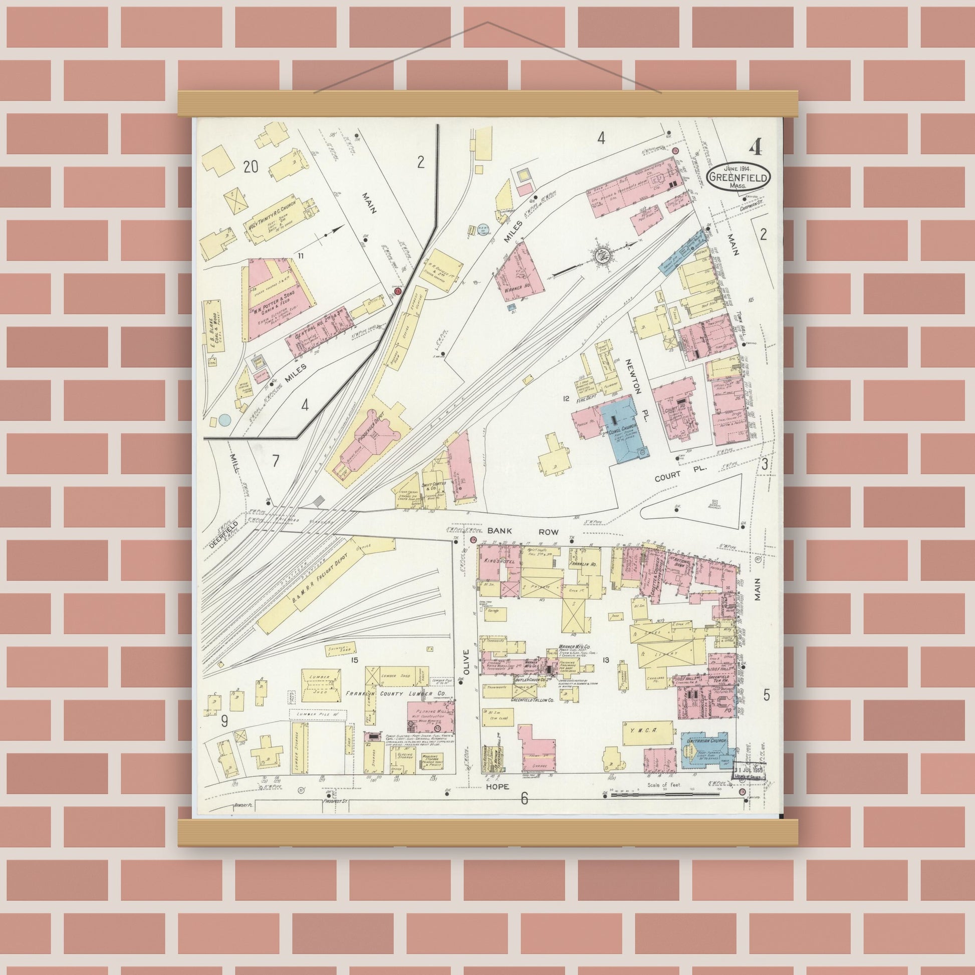 Old map wall art mockup — magnetic wood frame on brick wall — Sanborn Fire Insurance Map from Greenfield, Franklin County, Massachusetts (1914), Sheet #0004