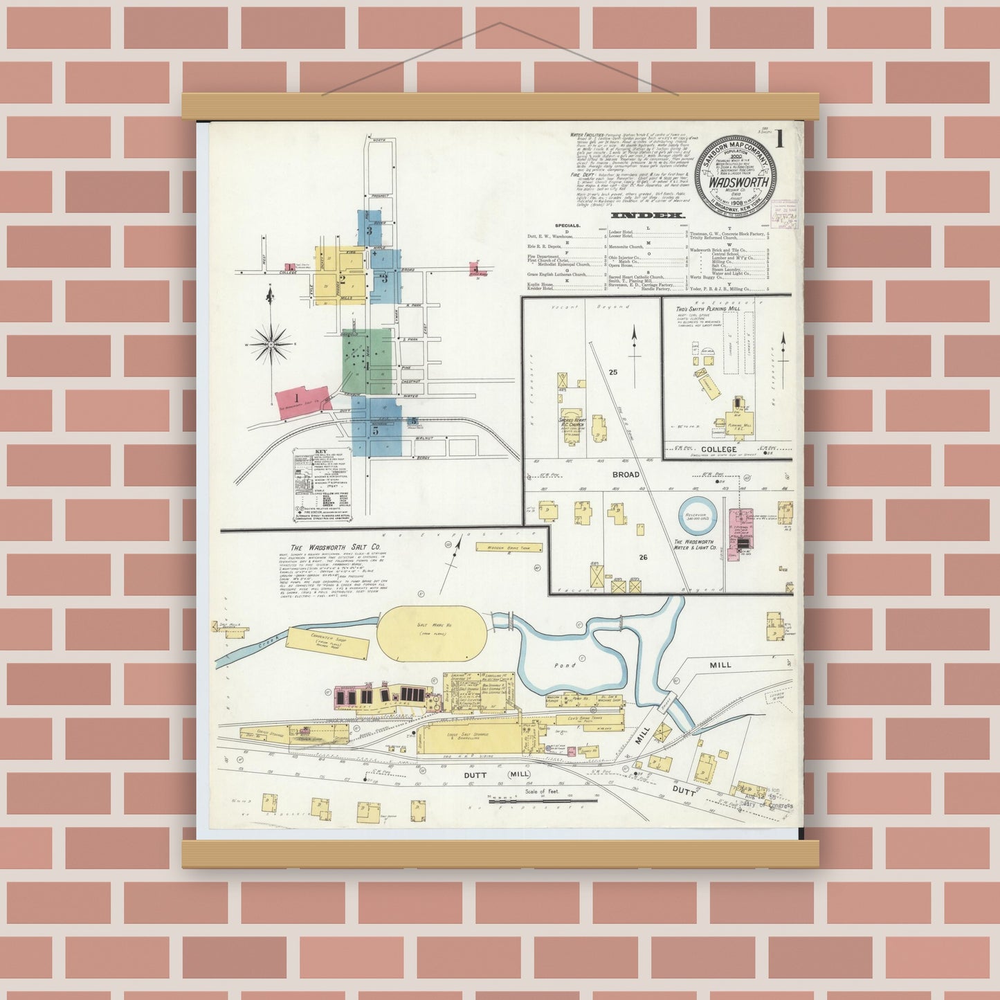 Old map wall art mockup — magnetic wood frame on brick wall — Sanborn Fire Insurance Map from Wadsworth, Medina County, Ohio (1908), Sheet #0001
