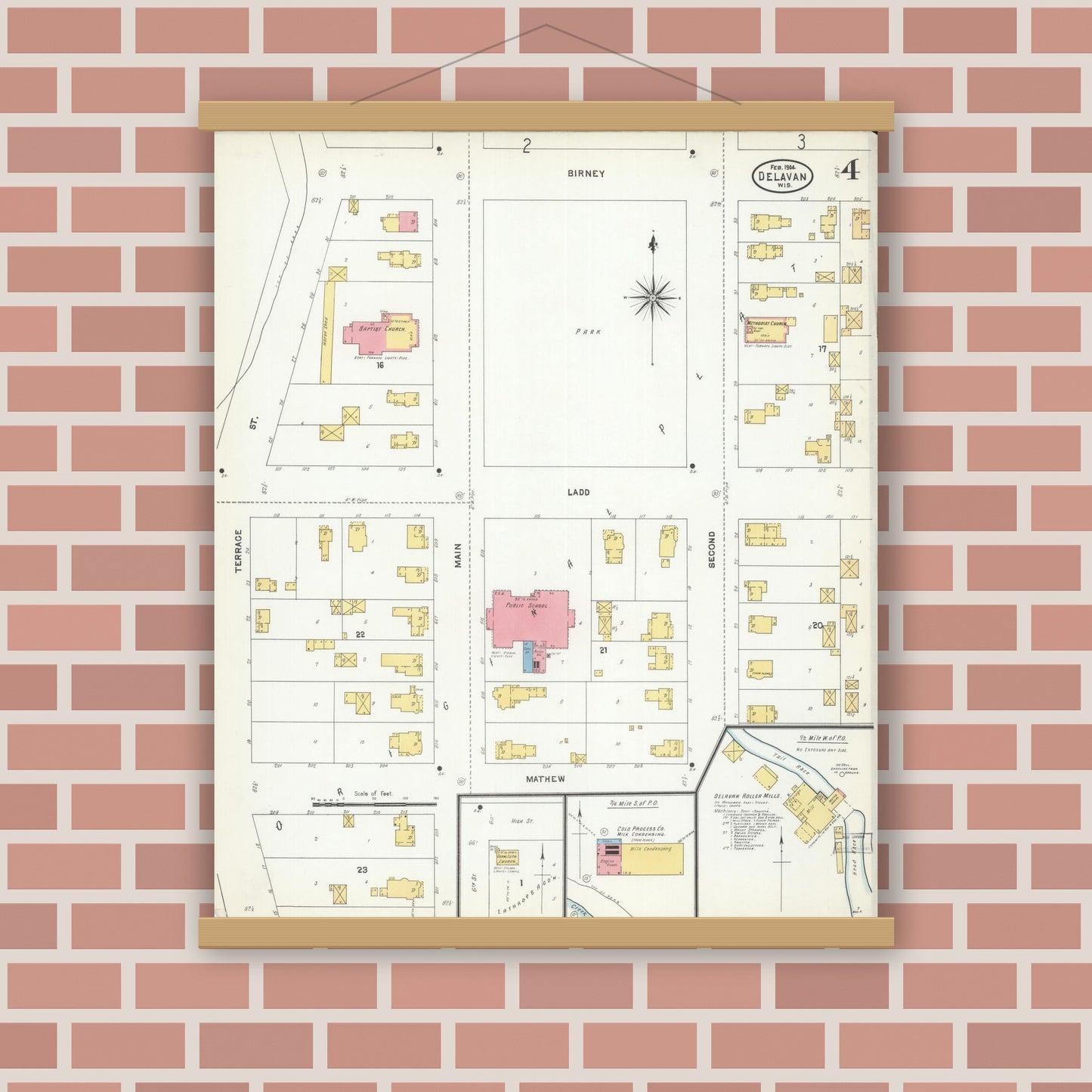 Old map wall art mockup — magnetic wood frame on brick wall — Sanborn Fire Insurance Map from Delavan, Walworth County, Wisconsin (1904), Sheet #0004