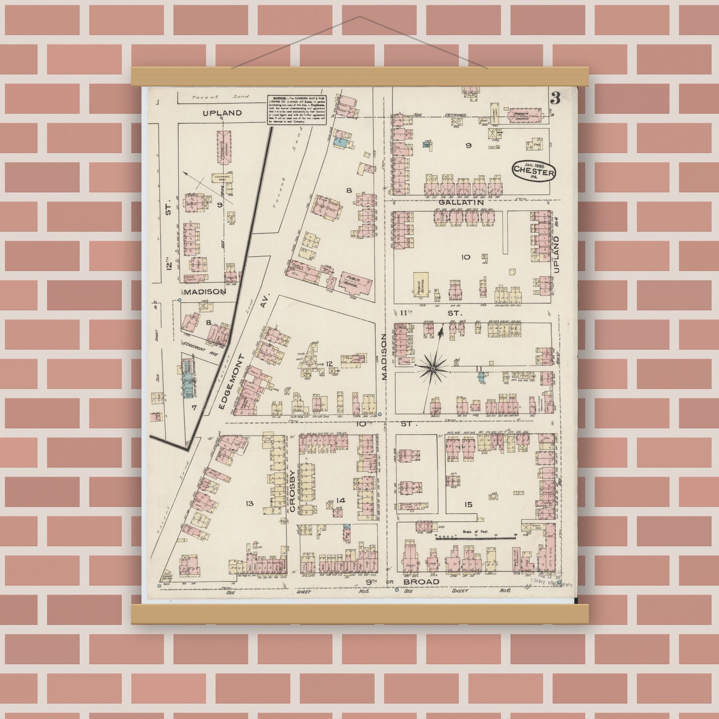 Old map wall art mockup — magnetic wood frame on brick wall — Sanborn Fire Insurance Map from Chester, Delaware County, Pennsylvania (1885), Sheet #0003