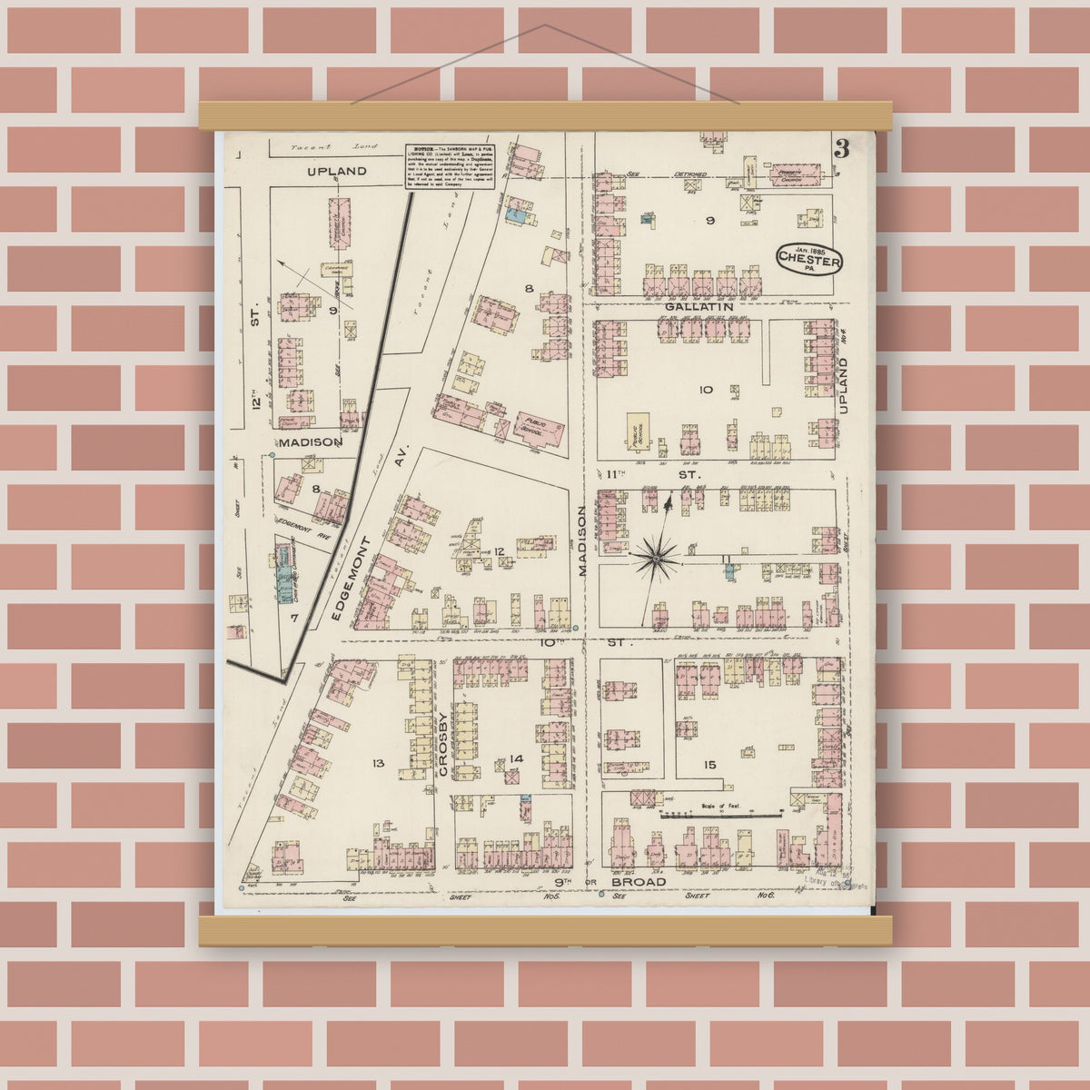 Old map wall art mockup — magnetic wood frame on brick wall — Sanborn Fire Insurance Map from Chester, Delaware County, Pennsylvania (1885), Sheet #0003