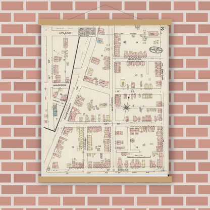 Old map wall art mockup — magnetic wood frame on brick wall — Sanborn Fire Insurance Map from Chester, Delaware County, Pennsylvania (1885), Sheet #0003