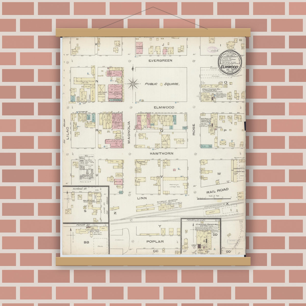 Old map wall art mockup — magnetic wood frame on brick wall — Sanborn Fire Insurance Map from Elmwood, Peoria County, Illinois (1885), Sheet #0001