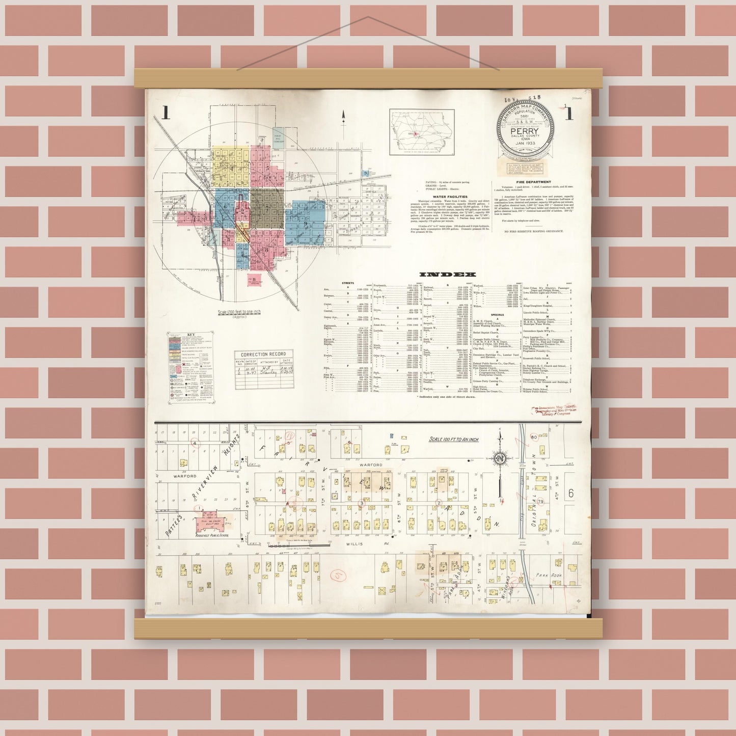 Old map wall art mockup — magnetic wood frame on brick wall — Sanborn Fire Insurance Map from Perry, Dallas County, Iowa (1947), Sheet #0001