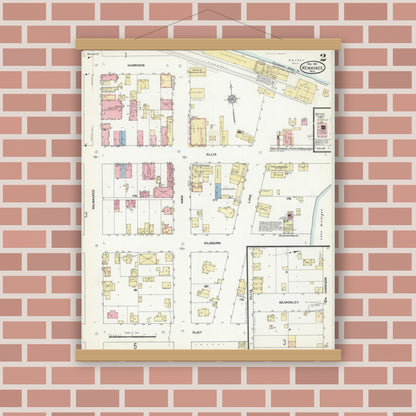 Old map wall art mockup — magnetic wood frame on brick wall — Sanborn Fire Insurance Map from Kewaunee, Kewaunee County, Wisconsin (1911), Sheet #0002