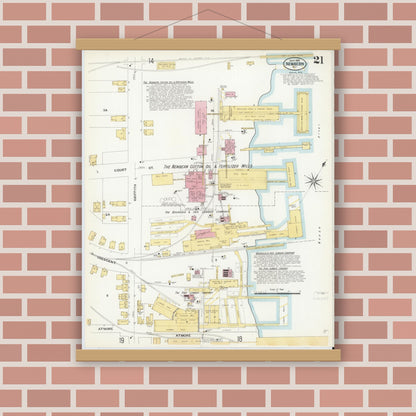 Old map wall art mockup — magnetic wood frame on brick wall — Sanborn Fire Insurance Map from New Bern, Craven County, North Carolina (1908), Sheet #0021