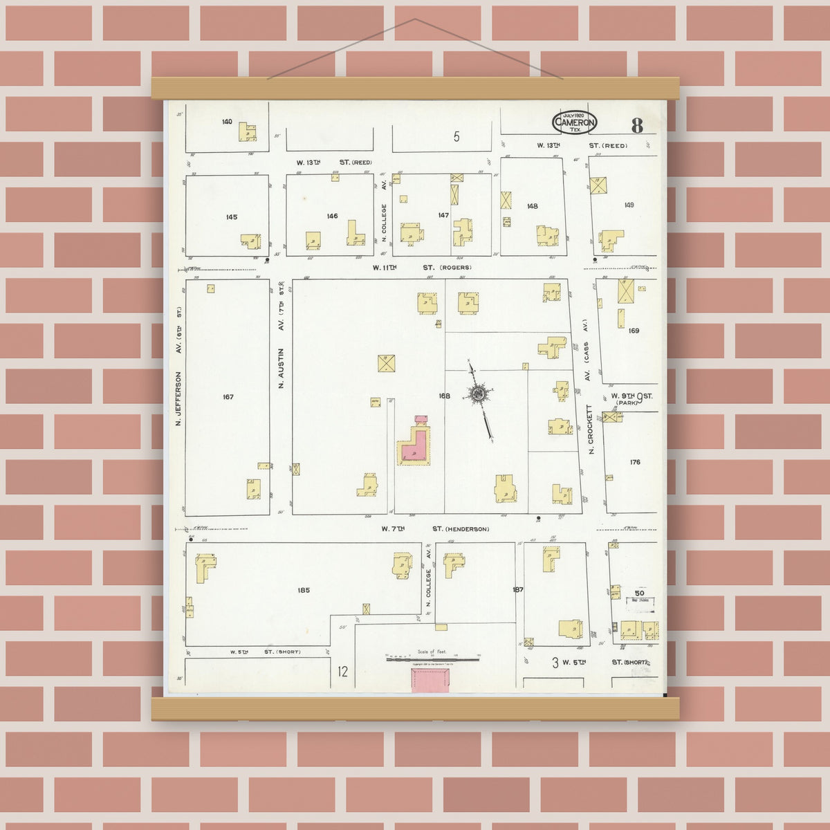 Old map wall art mockup — magnetic wood frame on brick wall — Sanborn Fire Insurance Map from Cameron, Milam County, Texas (1920), Sheet #0008