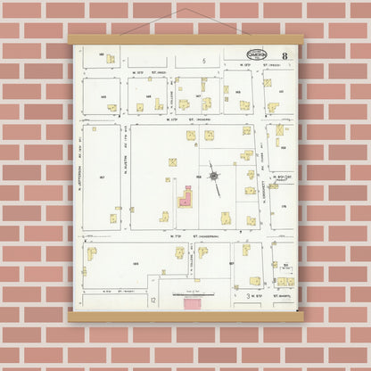 Old map wall art mockup — magnetic wood frame on brick wall — Sanborn Fire Insurance Map from Cameron, Milam County, Texas (1920), Sheet #0008