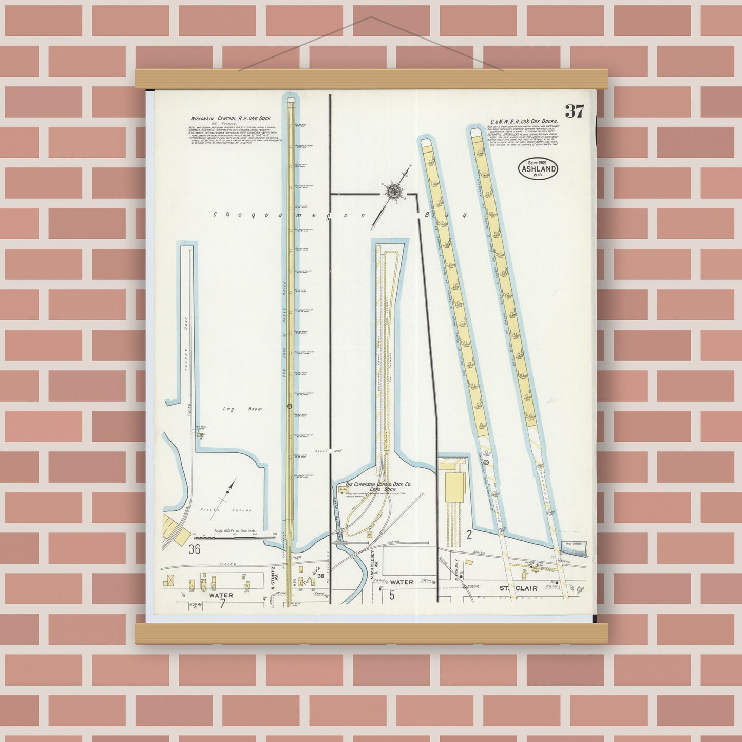 Old map wall art mockup — magnetic wood frame on brick wall — Sanborn Fire Insurance Map from Ashland, Ashland County, Wisconsin (1909), Sheet #0037