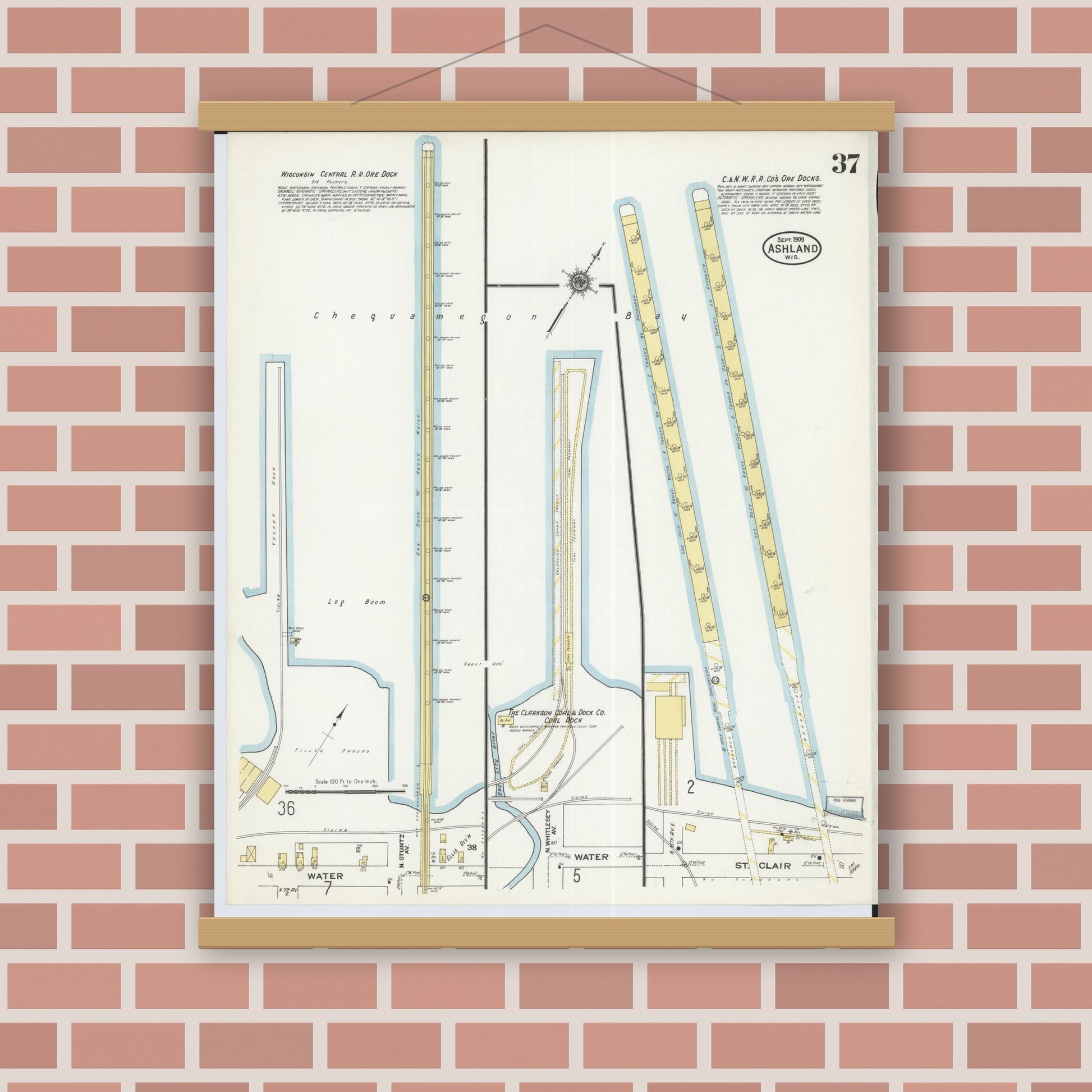 Old map wall art mockup — magnetic wood frame on brick wall — Sanborn Fire Insurance Map from Ashland, Ashland County, Wisconsin (1909), Sheet #0037