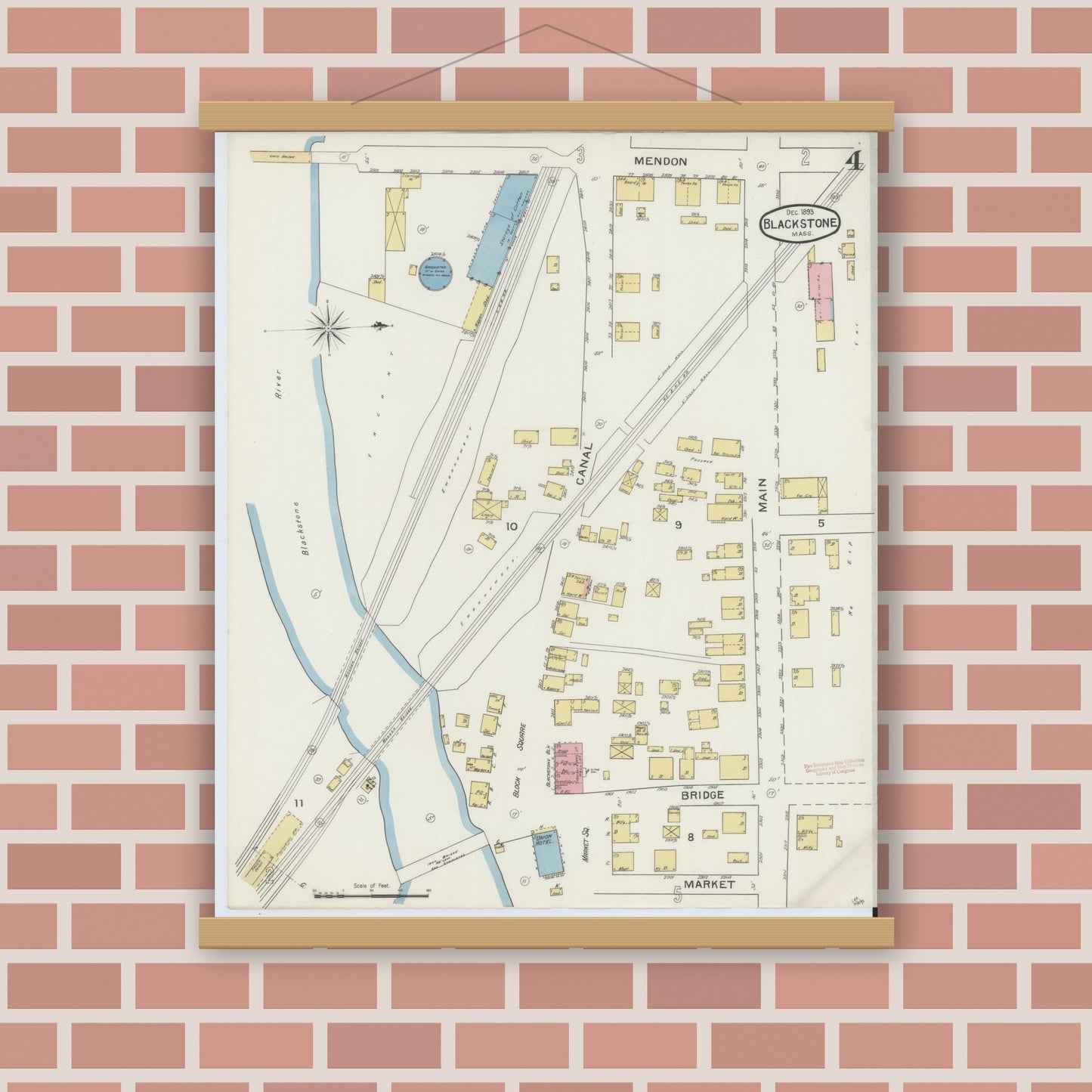 Old map wall art mockup — magnetic wood frame on brick wall — Sanborn Fire Insurance Map from Blackstone, Worcester County, Massachusetts (1893), Sheet #0004