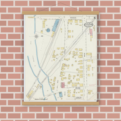 Old map wall art mockup — magnetic wood frame on brick wall — Sanborn Fire Insurance Map from Blackstone, Worcester County, Massachusetts (1893), Sheet #0004