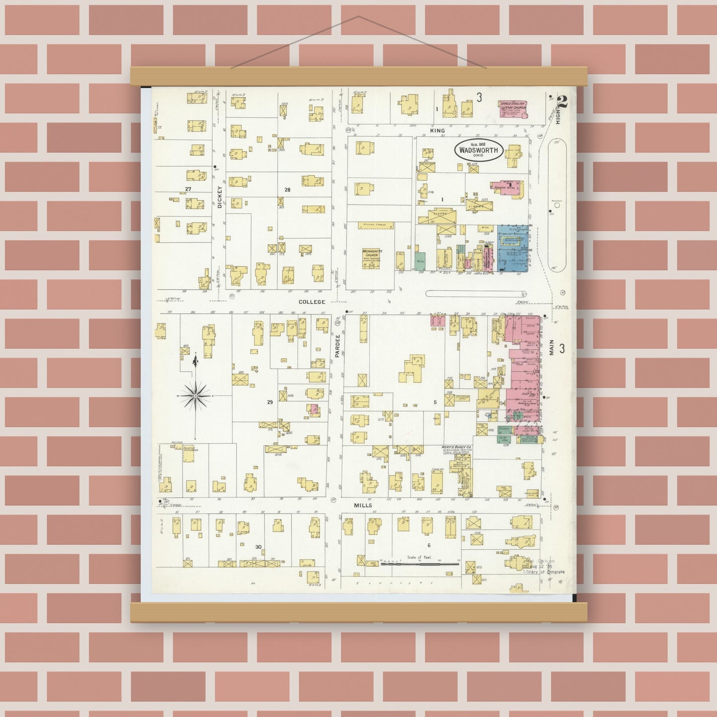 Old map wall art mockup — magnetic wood frame on brick wall — Sanborn Fire Insurance Map from Wadsworth, Medina County, Ohio (1908), Sheet #0002