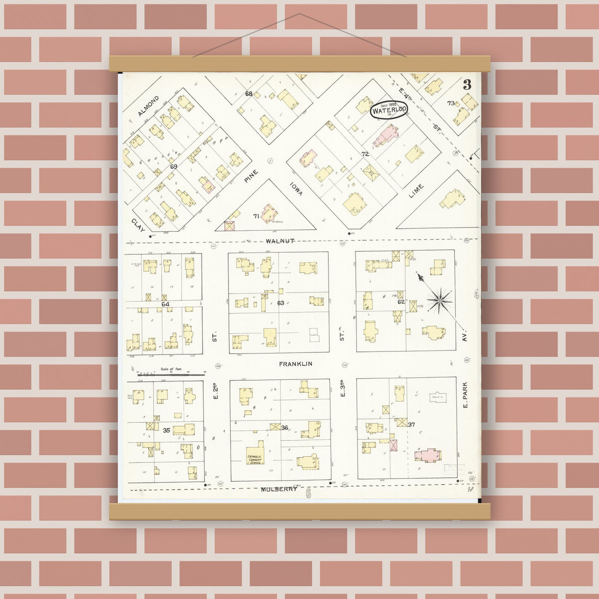 Old map wall art mockup — magnetic wood frame on brick wall — Sanborn Fire Insurance Map from Waterloo, Black Hawk County, Iowa (1892), Sheet #0003
