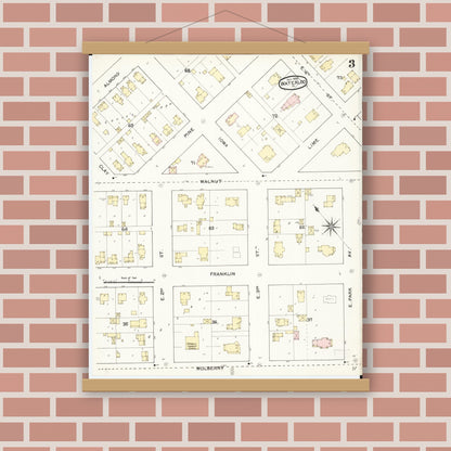 Old map wall art mockup — magnetic wood frame on brick wall — Sanborn Fire Insurance Map from Waterloo, Black Hawk County, Iowa (1892), Sheet #0003