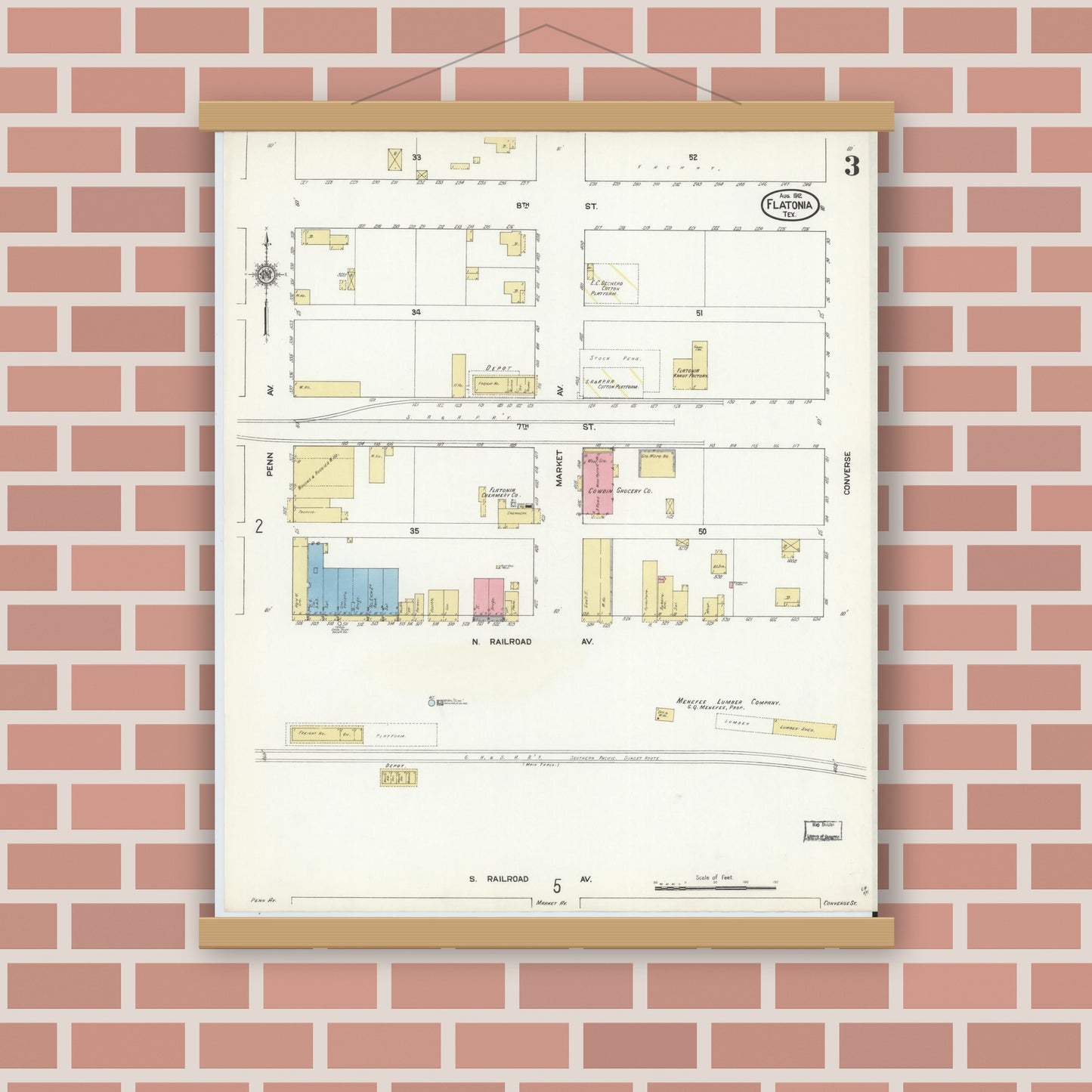 Old map wall art mockup — magnetic wood frame on brick wall — Sanborn Fire Insurance Map from Flatonia, Fayette County, Texas (1912), Sheet #0003