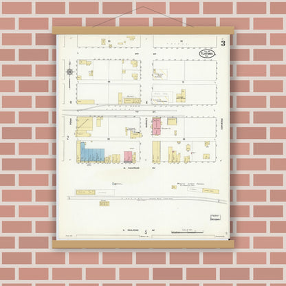 Old map wall art mockup — magnetic wood frame on brick wall — Sanborn Fire Insurance Map from Flatonia, Fayette County, Texas (1912), Sheet #0003