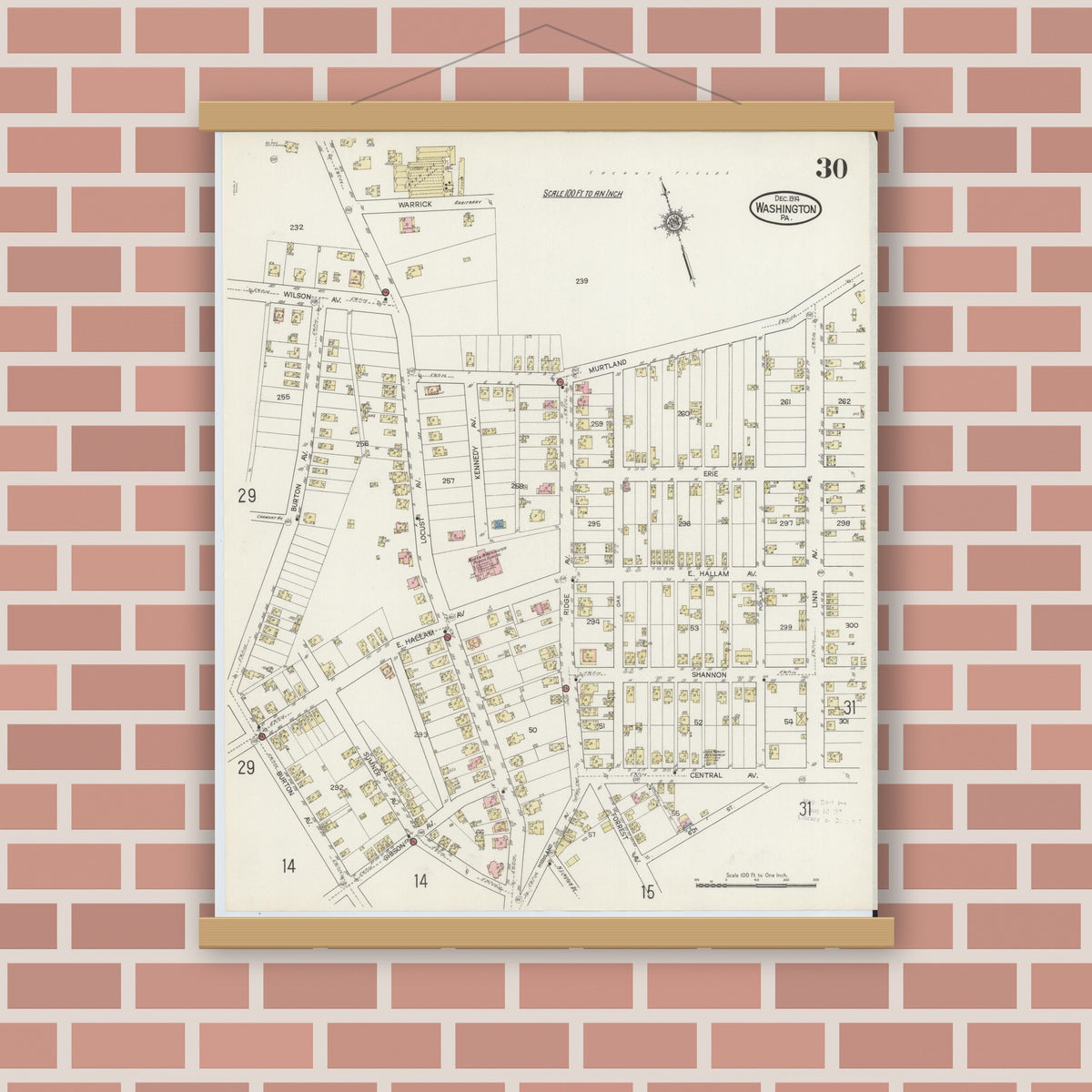Old map wall art mockup — magnetic wood frame on brick wall — Sanborn Fire Insurance Map from Washington, Washington County, Pennsylvania (1914), Sheet #0030