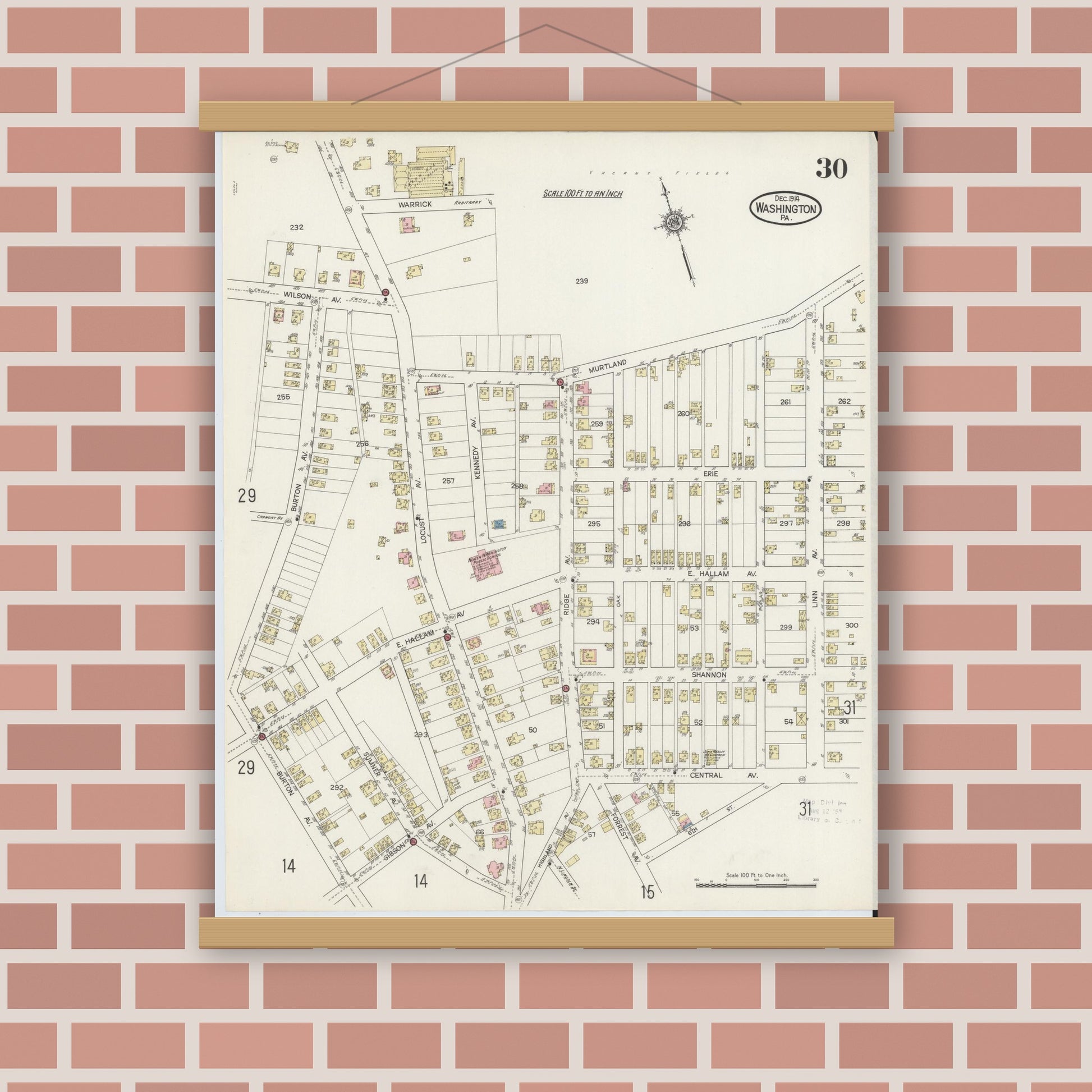 Old map wall art mockup — magnetic wood frame on brick wall — Sanborn Fire Insurance Map from Washington, Washington County, Pennsylvania (1914), Sheet #0030