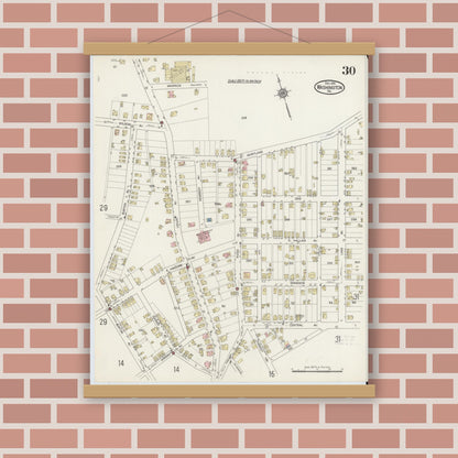 Old map wall art mockup — magnetic wood frame on brick wall — Sanborn Fire Insurance Map from Washington, Washington County, Pennsylvania (1914), Sheet #0030
