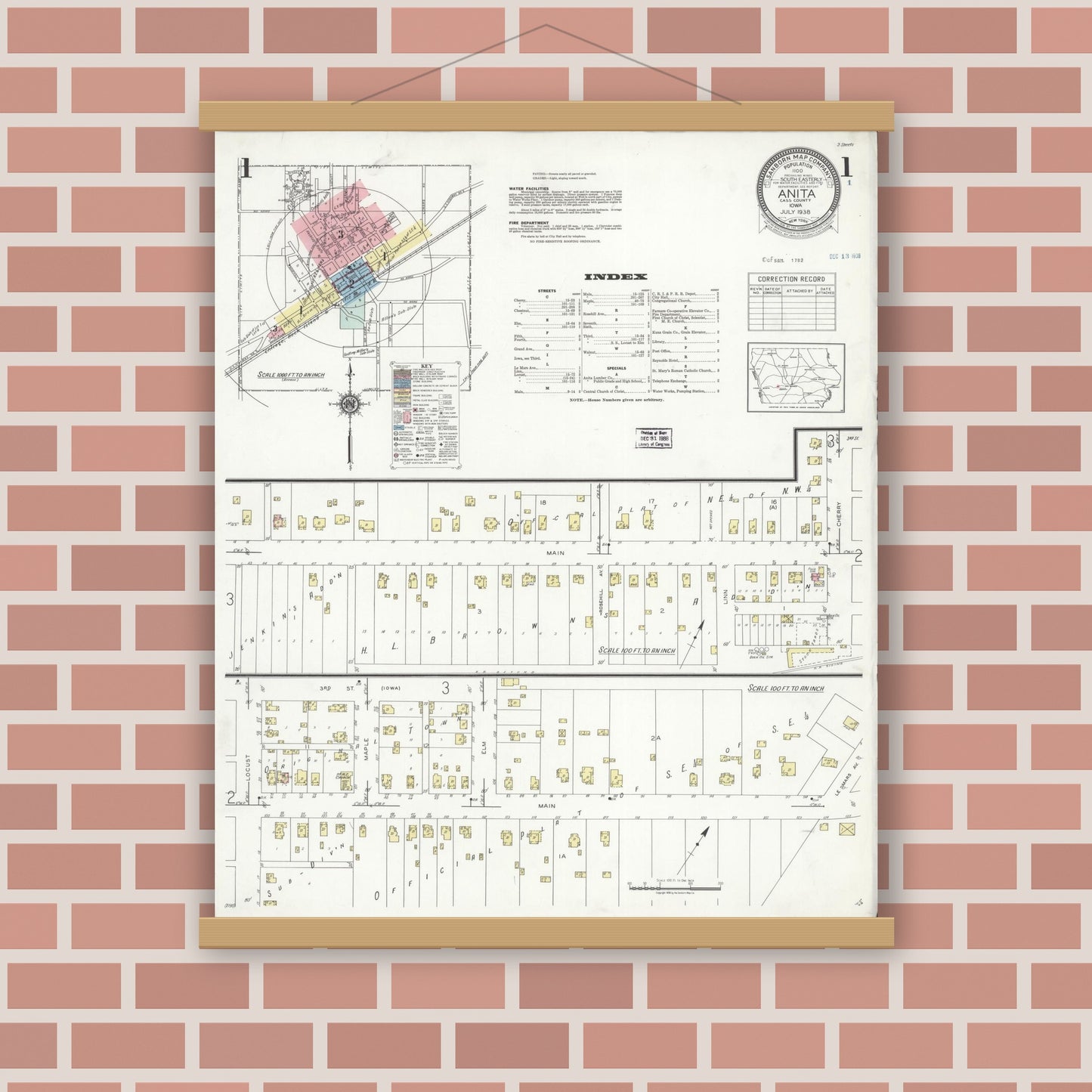 Old map wall art mockup — magnetic wood frame on brick wall — Sanborn Fire Insurance Map from Anita, Cass County, Iowa (1938), Sheet #0001