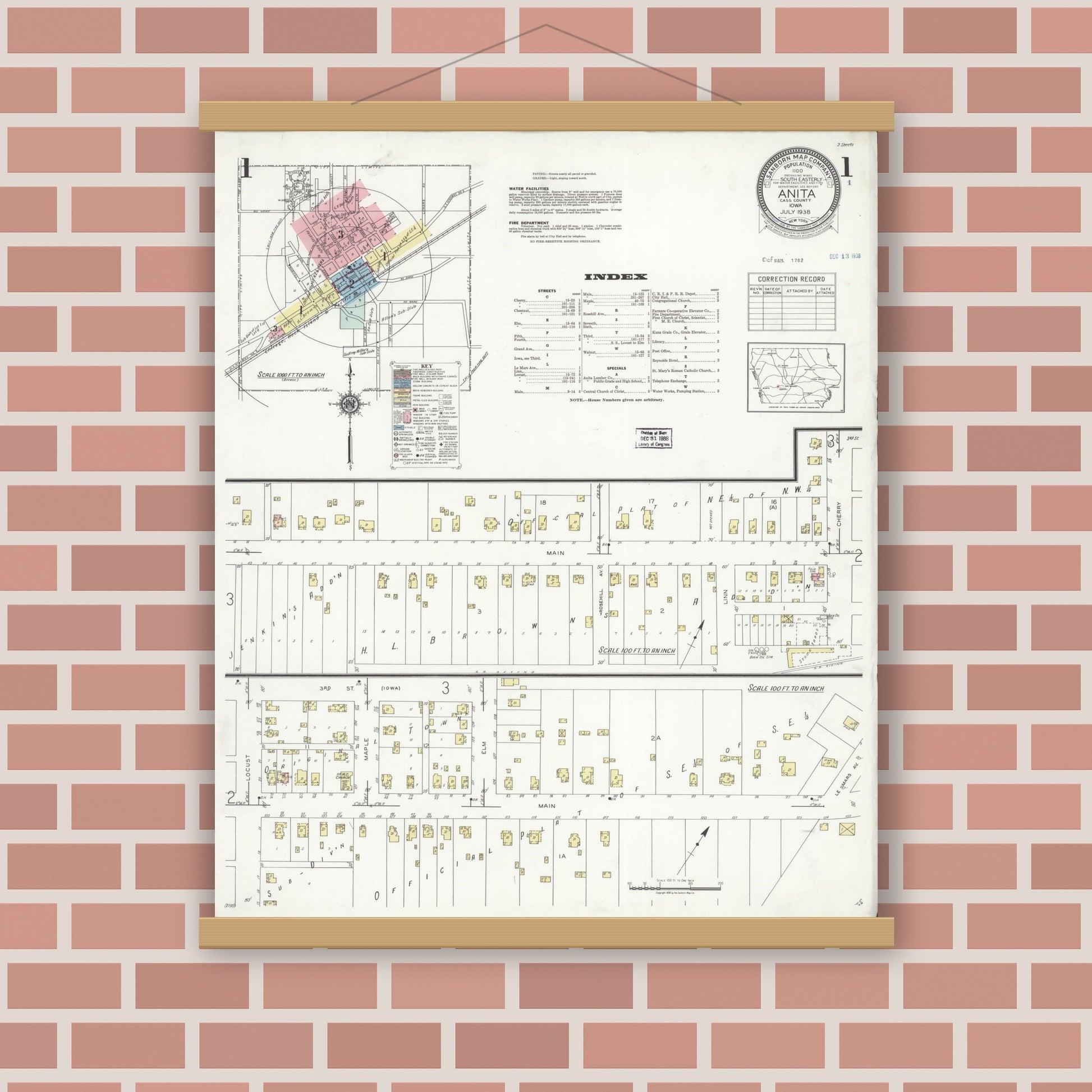 Old map wall art mockup — magnetic wood frame on brick wall — Sanborn Fire Insurance Map from Anita, Cass County, Iowa (1938), Sheet #0001