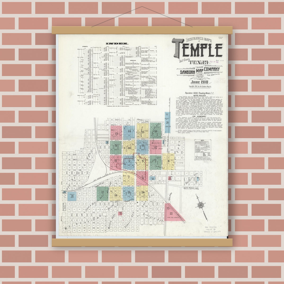 Old map wall art mockup — magnetic wood frame on brick wall — Sanborn Fire Insurance Map from Temple, Bell County, Texas (1910) - Complete Map Set