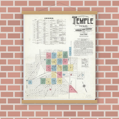 Old map wall art mockup — magnetic wood frame on brick wall — Sanborn Fire Insurance Map from Temple, Bell County, Texas (1910) - Complete Map Set