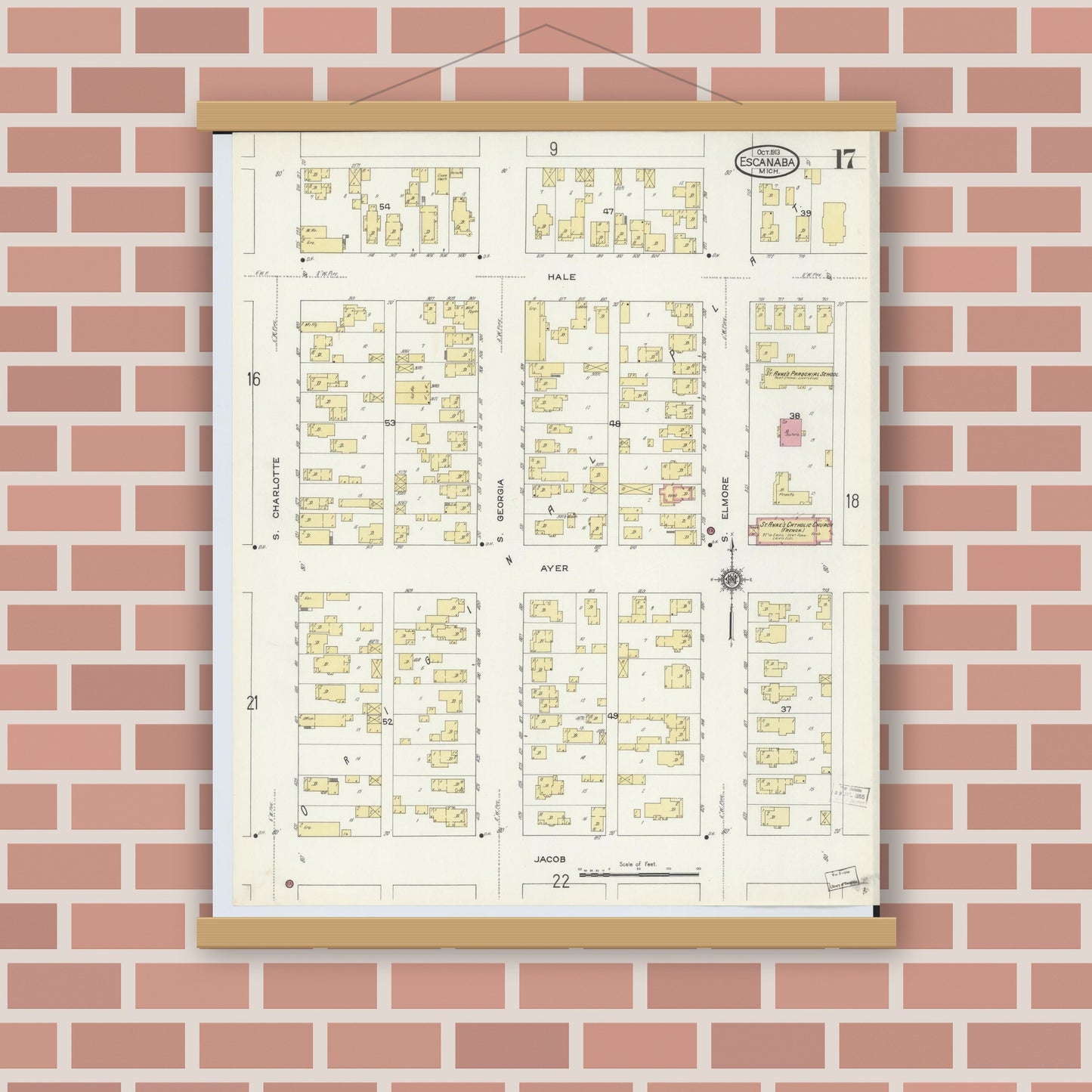 Old map wall art mockup — magnetic wood frame on brick wall — Sanborn Fire Insurance Map from Escanaba, Delta County, Michigan (1913), Sheet #0017