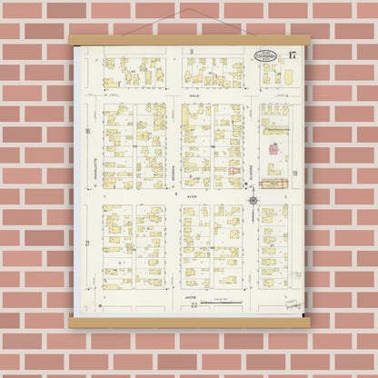 Old map wall art mockup — magnetic wood frame on brick wall — Sanborn Fire Insurance Map from Escanaba, Delta County, Michigan (1913), Sheet #0017
