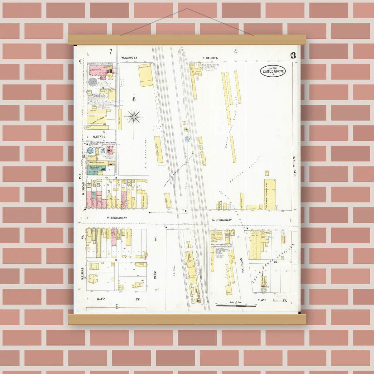 Old map wall art mockup — magnetic wood frame on brick wall — Sanborn Fire Insurance Map from Eagle Grove, Wright County, Iowa (1906), Sheet #0003