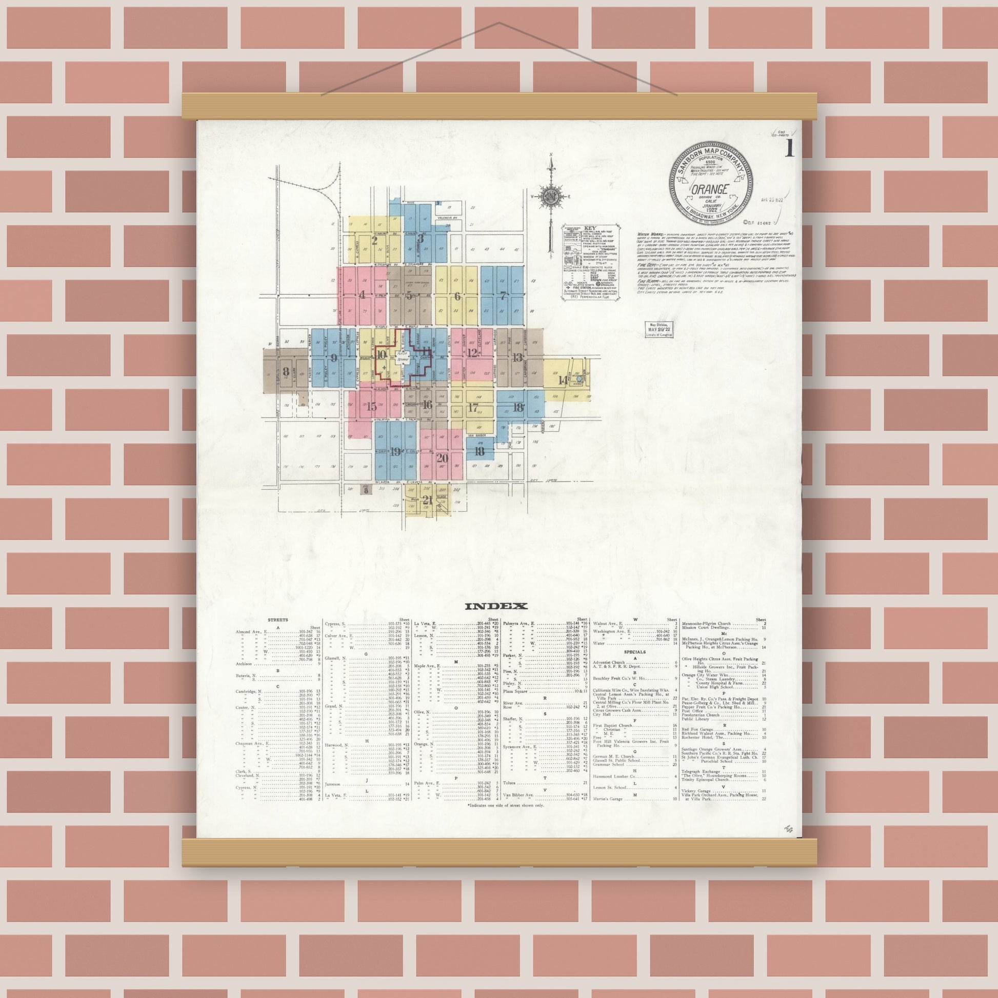 Old map wall art mockup — magnetic wood frame on brick wall — Sanborn Fire Insurance Map from Orange, Orange County, California (1922) - Complete Map Set
