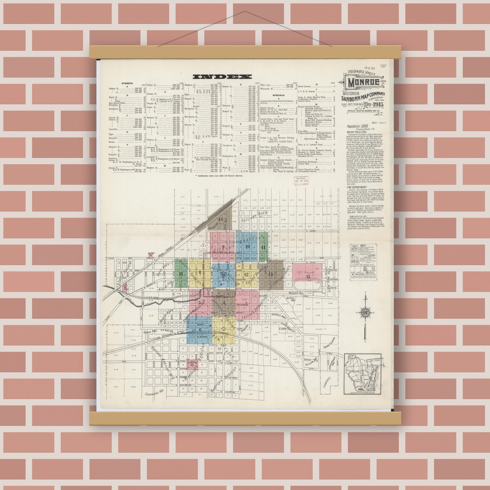 Old map wall art mockup — magnetic wood frame on brick wall — Sanborn Fire Insurance Map from Monroe, Green County, Wisconsin (1915), Sheet #0001