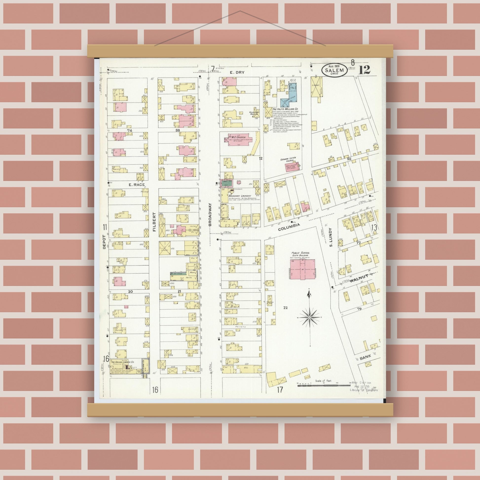 Old map wall art mockup — magnetic wood frame on brick wall — Sanborn Fire Insurance Map from Salem, Columbiana County, Ohio (1909), Sheet #0012