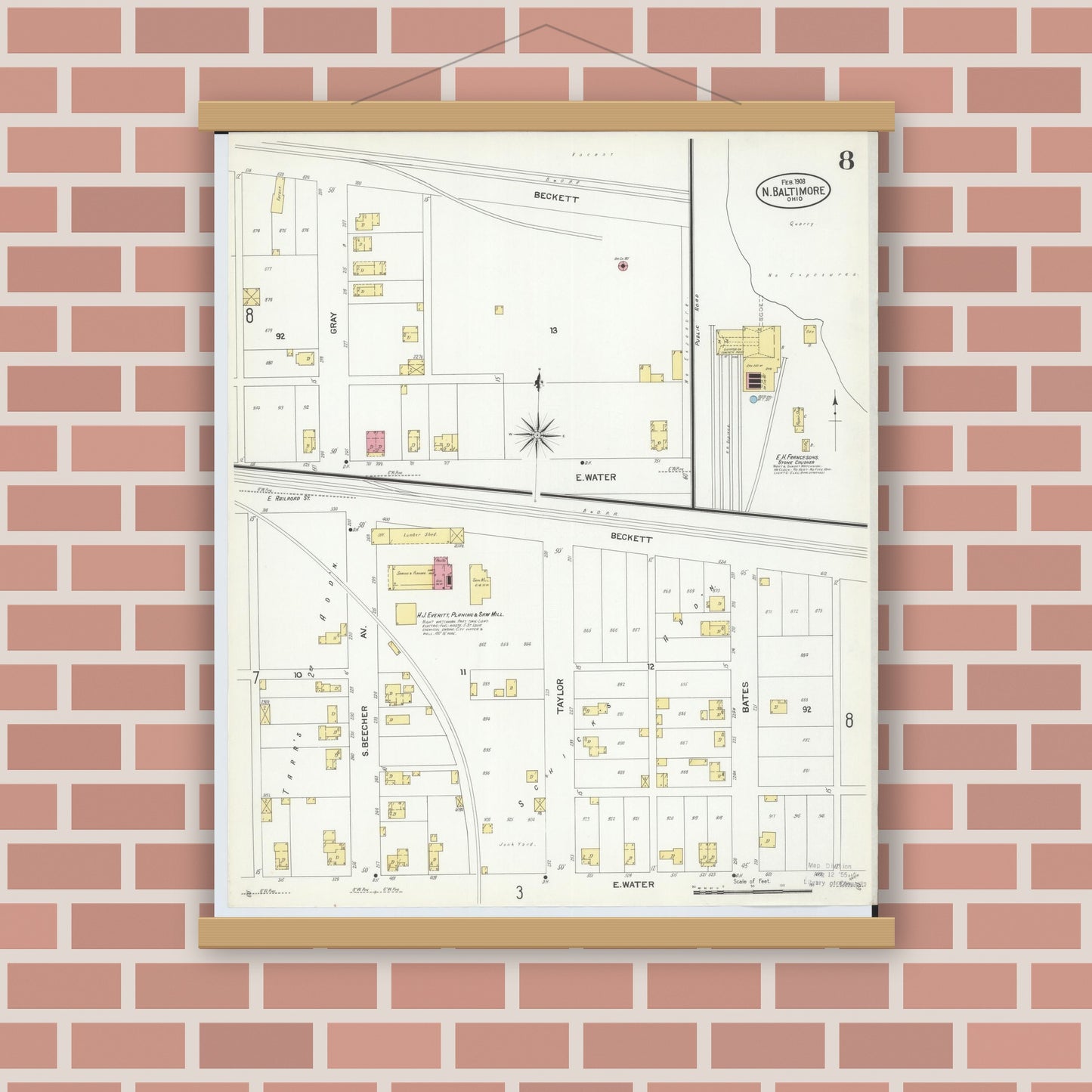 Old map wall art mockup — magnetic wood frame on brick wall — Sanborn Fire Insurance Map from North Baltimore, Wood County, Ohio (1908), Sheet #0008
