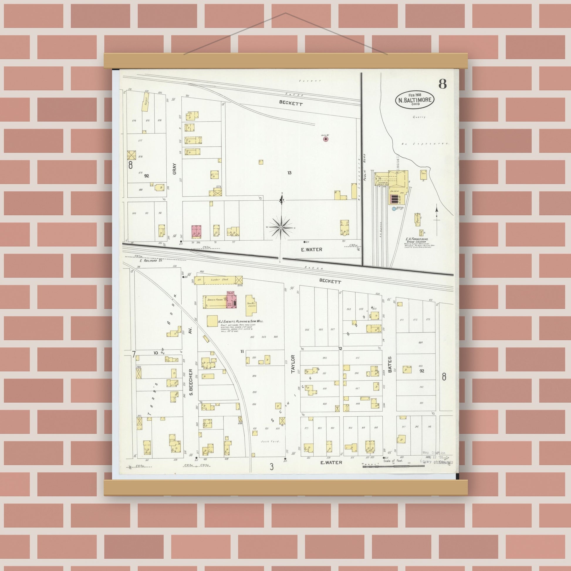 Old map wall art mockup — magnetic wood frame on brick wall — Sanborn Fire Insurance Map from North Baltimore, Wood County, Ohio (1908), Sheet #0008
