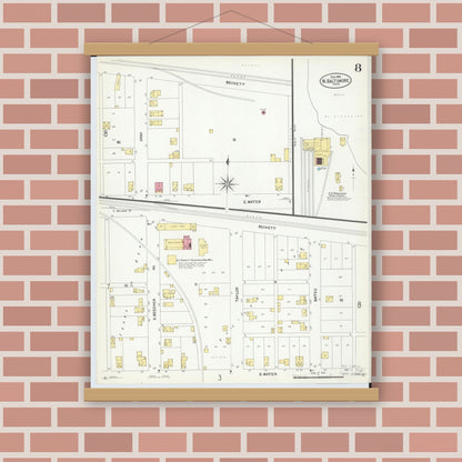 Old map wall art mockup — magnetic wood frame on brick wall — Sanborn Fire Insurance Map from North Baltimore, Wood County, Ohio (1908), Sheet #0008