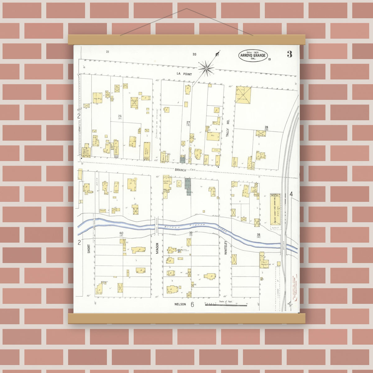 Old map wall art mockup — magnetic wood frame on brick wall — Sanborn Fire Insurance Map from Arroyo Grande, San Luis Obispo County, California (1909), Sheet #0003