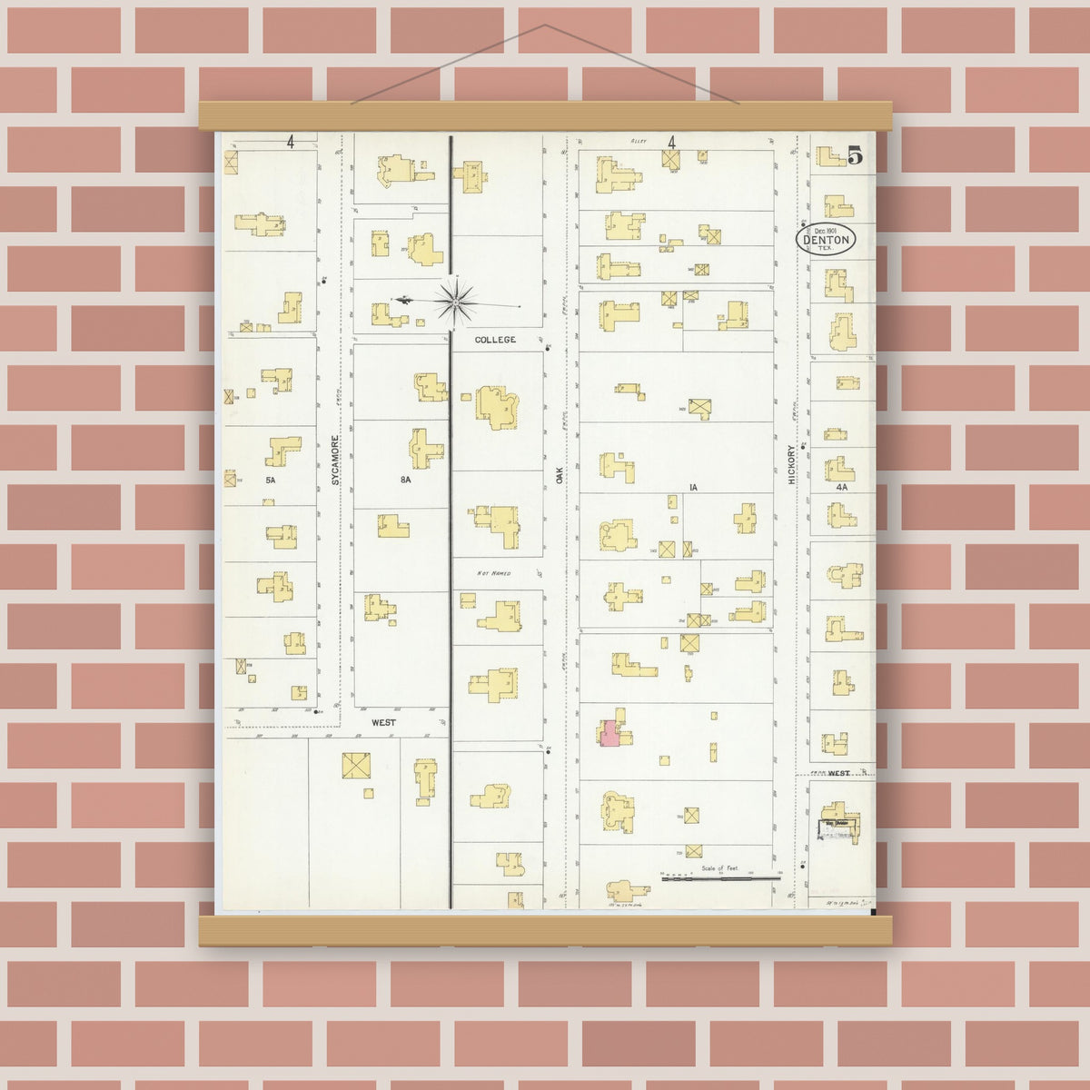Old map wall art mockup — magnetic wood frame on brick wall — Sanborn Fire Insurance Map from Denton, Denton County, Texas (1901), Sheet #0005