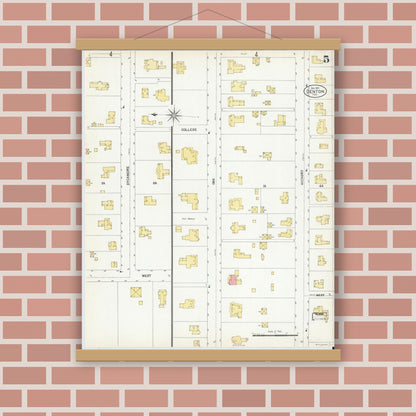 Old map wall art mockup — magnetic wood frame on brick wall — Sanborn Fire Insurance Map from Denton, Denton County, Texas (1901), Sheet #0005