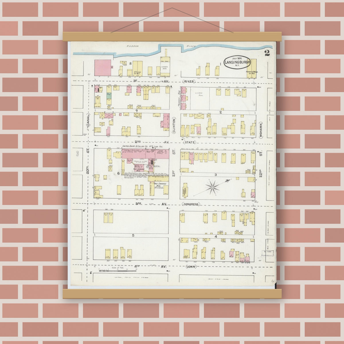 Old map wall art mockup — magnetic wood frame on brick wall — Sanborn Fire Insurance Map from Lansingburg, Rensselaer County, New York (1892) - Complete Map Set